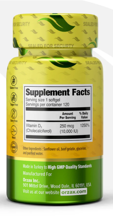 ORZAX Vitamin D3 10.000 IU, 250 mcg 120 Mini Softgel